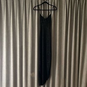 Black long “Y2K” Asymmetrical Dress. Sheer w non-flaking glitter det.  Size XS/S